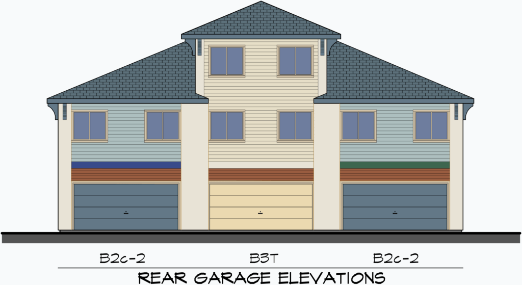 Back View Ohana Circle: Townhomes 2 & 3 Story with Garages